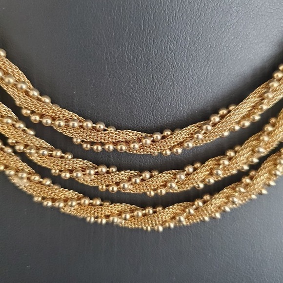 Vintage 3 Strand Twisted Mesh‎ Necklace Gold Tone Egyptian Revival Collar - Picture 5 of 10
